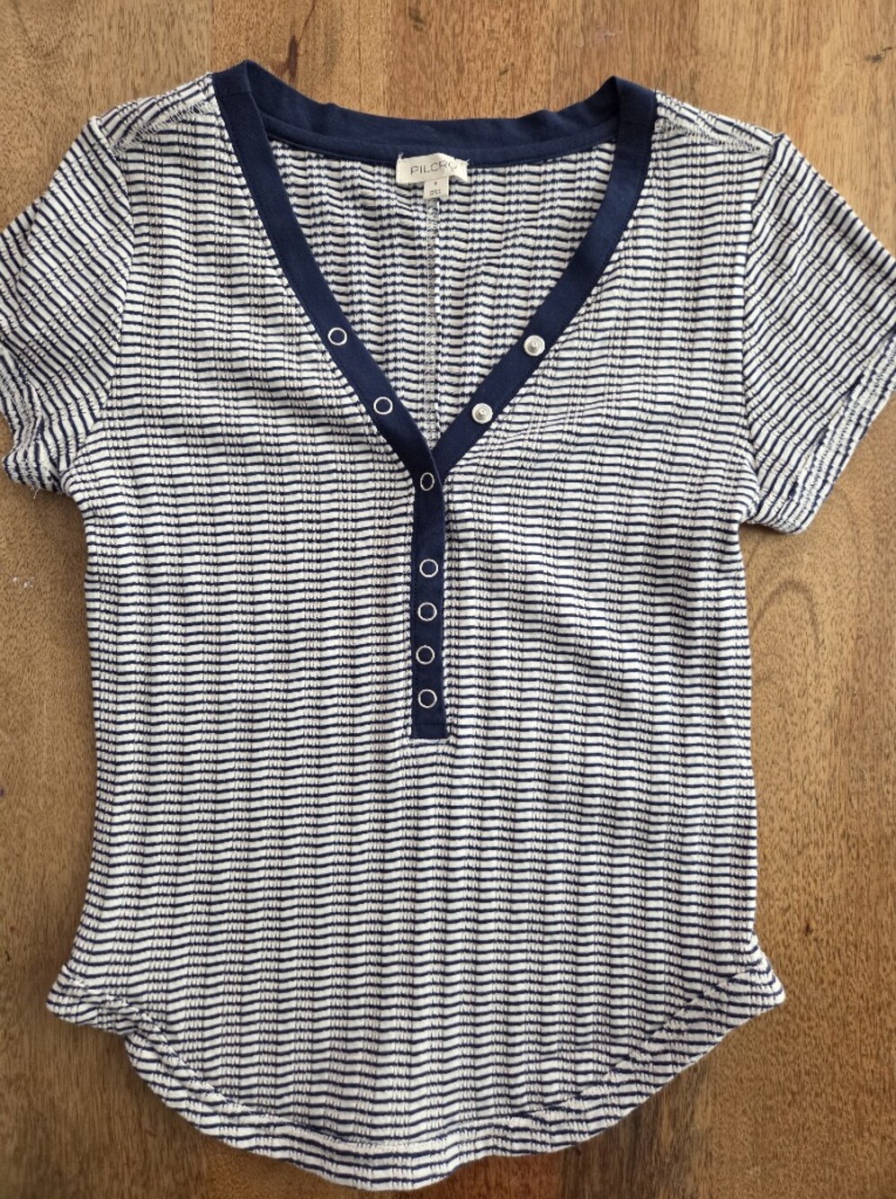 Pilcro Navy and White Striped Short Sleeve Henley
